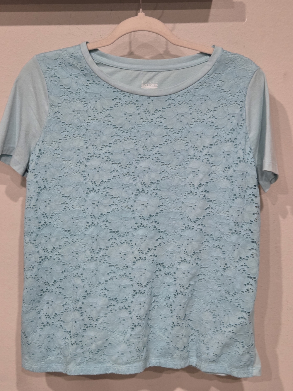 Basic Editions Light Blue Lace Front Short Sleeve Tee